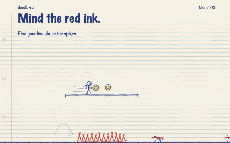 Mind the red ink. A safe platform carries the runner above red spikes.