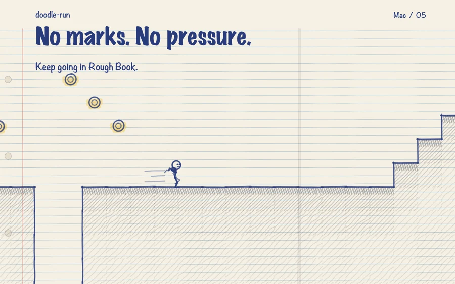 No marks. No pressure. Rough Book gameplay on a notebook page.