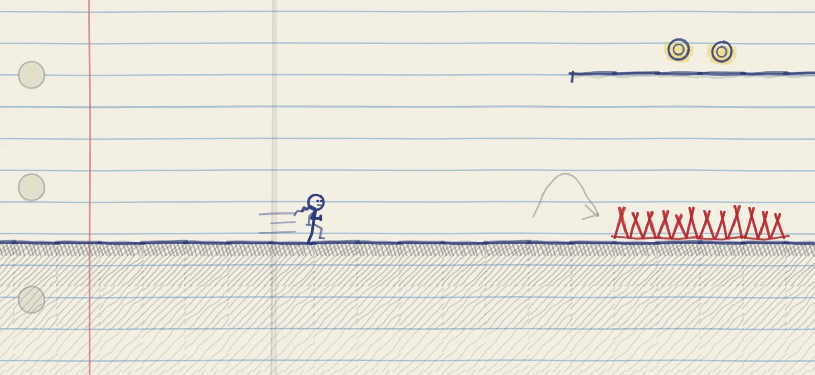 Landscape gameplay with red spikes ahead of the runner.
